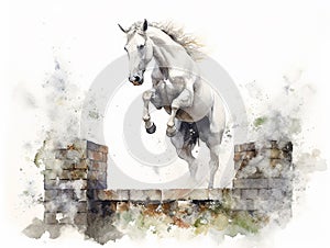 watercolor amazing jumping horse jumping a very high hurdle, equestrian competitions, horse clip art, watercolor style, ai,