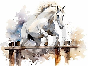 watercolor amazing jumping horse jumping a very high hurdle, equestrian competitions, horse clip art, watercolor style, ai,