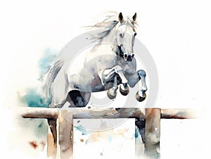 watercolor amazing jumping horse jumping a very high hurdle, equestrian competitions, horse clip art, watercolor style, ai,