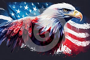 Watercolor american eagle with flag. Generative ai