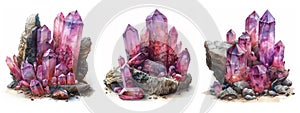 Acuarela amatista cristales. púrpura cristales crecimiento guijarros a gris piedras pintado a mano acuarela vaso polígonos ilustraciones 