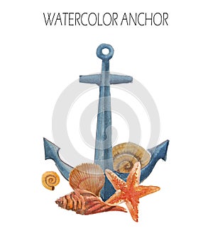 Watercolor anchor with sea shells.