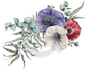Watercolor anemone asymmetric bouquet. Hand painted red, blue and white flowers, eucalyptus leaves and branch isolated photo
