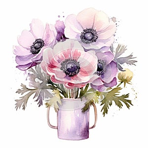 Watercolor Anemone Bouquet: Realistic Clip Art In Light Magenta And Gray