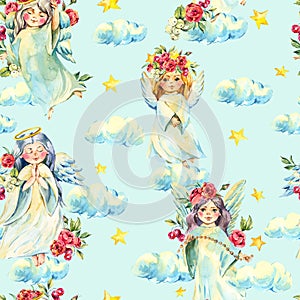 Watercolor angel seamless pattern with red flowers, roses, stars, clouds