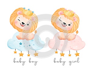 Watercolor animal baby lion wearing crown baby boy blue and baby girl pink sweet nursery art illustration vector