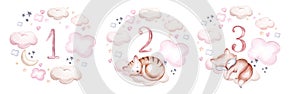 Watercolor animal illustration of a cute baby sleeping cat kitty and fox on the moon and the cloud. Baby Shower nursery Theme