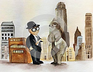 Watercolor of anthropomorphic sloth work in the Empire Building