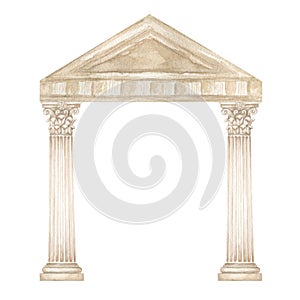 Watercolor antique arch with column corinthian order, Ancient Classic Greek pillar frame, Roman Columns, Architecture