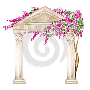 Watercolor antique arch column corinthian order with bright pink flowers, Ancient Classic Greek pillar, Roman Columns