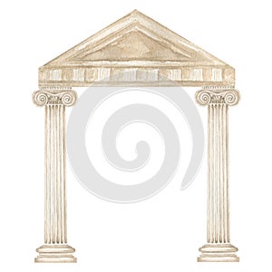 Watercolor antique arch with column ionic order, Ancient Classic Greek pillar frame, Roman Columns, Architecture facade