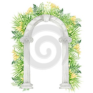 Watercolor antique arch with column ionic order, Ancient Classic Greek pillar with tropical leaves flowers, Roman
