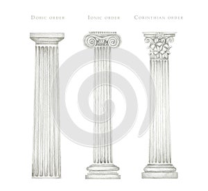 Watercolor antique column corinthian ionic doric order, Ancient Classic Greek pillar set, Roman Columns, Architecture