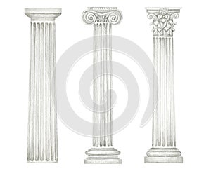 Watercolor antique column corinthian ionic doric order, Ancient Classic Greek pillar set, Roman Columns, Architecture