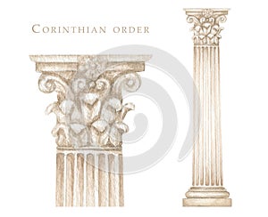 Watercolor antique corinthian column, Ancient Classic Greek Corinthian order, Roman Columns Clipart, Pillar Architecture