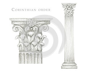 Watercolor antique corinthian column, Ancient Classic Greek Corinthian order, Roman Columns Clipart, Pillar Architecture