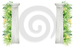 Watercolor antique corinthian column with tropical leaves flowers, Ancient Classic Greek Corinthian order, Roman Columns