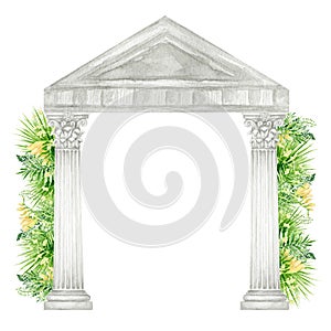 Watercolor antique corinthian column with tropical leaves flowers, Ancient Classic Greek Corinthian order, Roman Columns