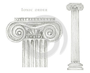 Watercolor antique ionic column, Ancient Classic Greek ionic order, Roman Columns Clipart, Pillar Architecture facade