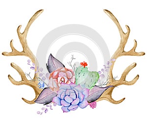 Watercolor antler with succulent, cactus, and leaves.