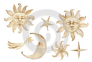 Watercolor sun, moon stars and comet sky and weather related elements in vintage style, isolated on white background