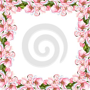 Watercolor apple blossoming tree frame isolated on white. Hand drawn floral corner wreath with flowers, leaves and buds. Perfect