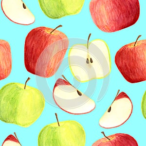 Watercolor apples seamless pattern isolated on blue background. Hand drawn red and green fruits, slices for packaging