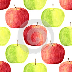 Watercolor apples seamless pattern isolated on white background. Hand drawn red and green fruits for packaging, menu design,