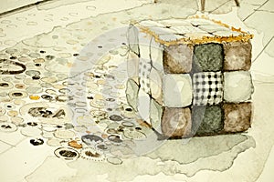Watercolor aquarelle ink freehand sketch perspective architectural drawing of pouf piece of furniture