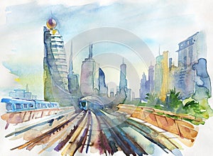 Watercolor Arab Emirates cityscape. Hand drawn Dubai, railway and skyscraper illustration