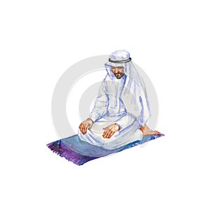 Watercolor arabian man praying namaz in mosque. Hand drawn ramadan kareem illustration