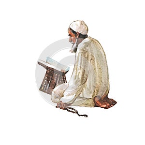 Watercolor arabian old man praying namaz in mosque. Hand drawn ramadan kareem illustration