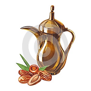 Watercolor arabian tea pot and dry palm dates fruit. Hand-drawn illustration isolated on white background. Perfect for