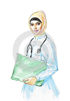 Watercolor arabian woman doctor