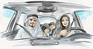 Watercolor arabian woman drive a car. Family portrait