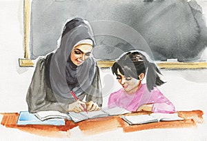 Watercolor arabian woman teacher and pupil