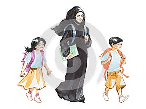 Watercolor arabian woman teacher and students