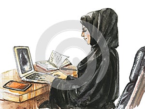 Watercolor arabian woman working on laptop