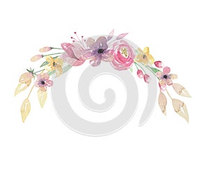 Watercolor Arch Floral Pink Bouquet Purple Flowers Leaves Green Arrangement