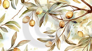 Watercolor argan seeds and oil background. Argana nuts and branches created with generative ai tools