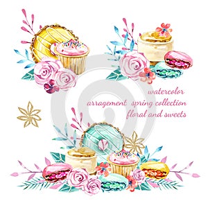 Watercolor arragement spring summer collection, floral and sweets