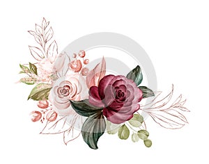 Watercolor arrangement of soft brown and burgundy roses with glitter line leaves. Botanic decoration illustration for wedding card