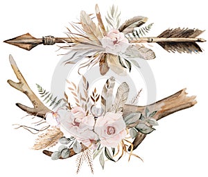 Watercolor arrow and deer antlers with tropical leaves and flowers bouquet, brown and beige Boho Wedding illustration