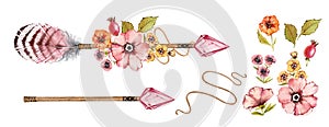 Watercolor arrow and flowers set. Tribal boho elements: crystal arrowhead, feathers, pink vintage florals. Hand painted