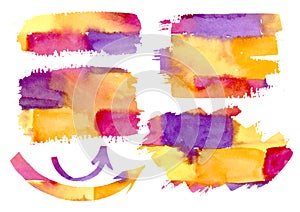 Watercolor Arrow freehand drawing brick wall texture. Set orange, yellow, red, violet Watercolour Arrows, frame, element