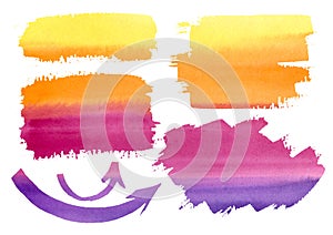 Watercolor Arrow freehand drawing rainbow texture. Set orange, yellow, red, violet Watercolour Arrows, frame, element