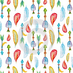 Watercolor arrows and feathers pattern tile. Hand-painted arrows seamless pattern.