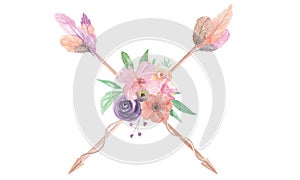 Watercolor Arrows Flowers Floral Painted Bouquet Feathers Berries