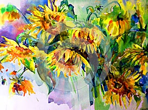 Watercolor art abstract background beautiful floral sunflowers modern textured wet wash blurred fantasy