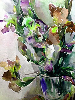 Watercolor art abstract background fresh beautiful floral iris flowers vase modern textured wet wash blurred fantasy